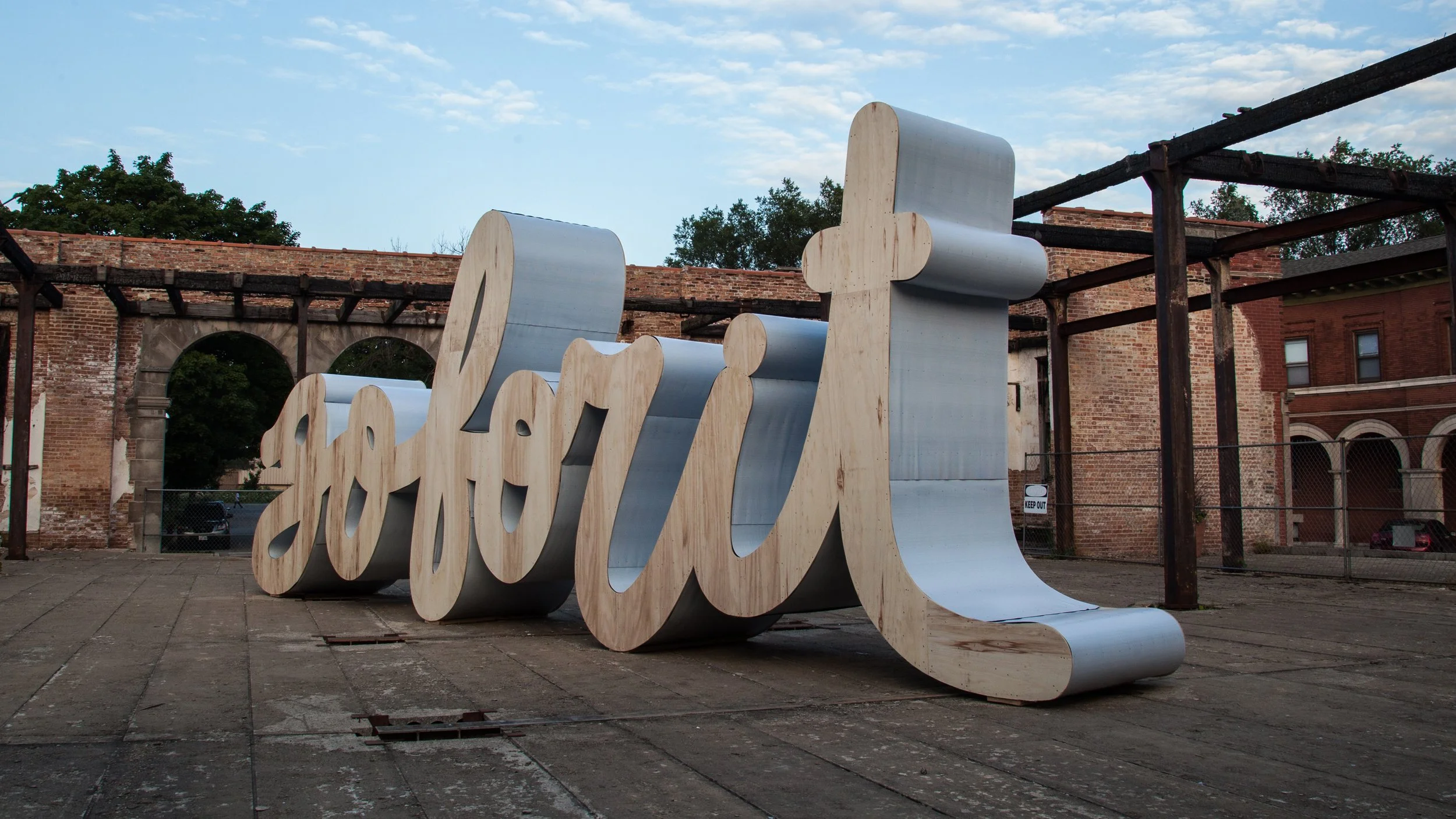 Go For It public art sculpture by Matthew Hoffman installed in Chicago’s Pullman neighborhood.