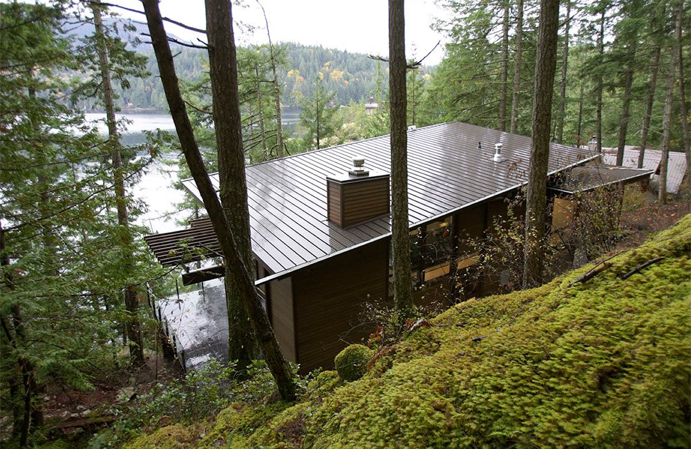   When approached from the road above, the siting and shallow dual-pitched &nbsp;roofs achieve the owners’’ mission of inconspicuously coexisting with nature.     