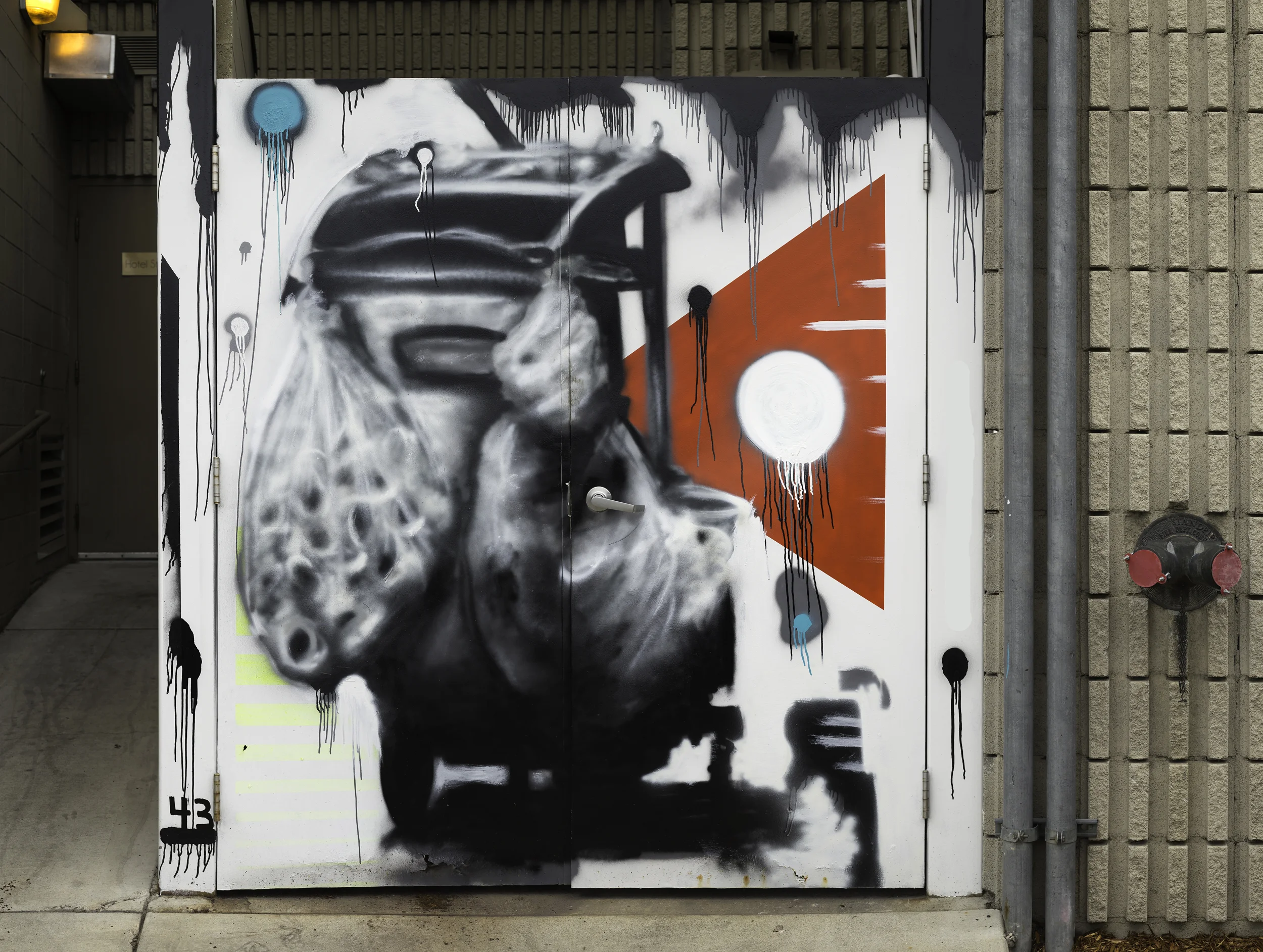 "We Work Nights". Aerosol and Acrylic on Metal Door. 2015. Hotel 43. Boise, Idaho.