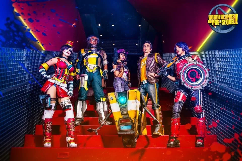 Our official Gearbox/2K Borderlands: Pre-Sequel group photo by Photography by Darshelle Stevens Moxxi is Cnidarium Wilhelm is Stupid Sexy Robot Nisha is Sam Skyler Claptrap was made by Black & Nobo Cosplay Jack is Ryan Cryptic Athena is meeeee!!!