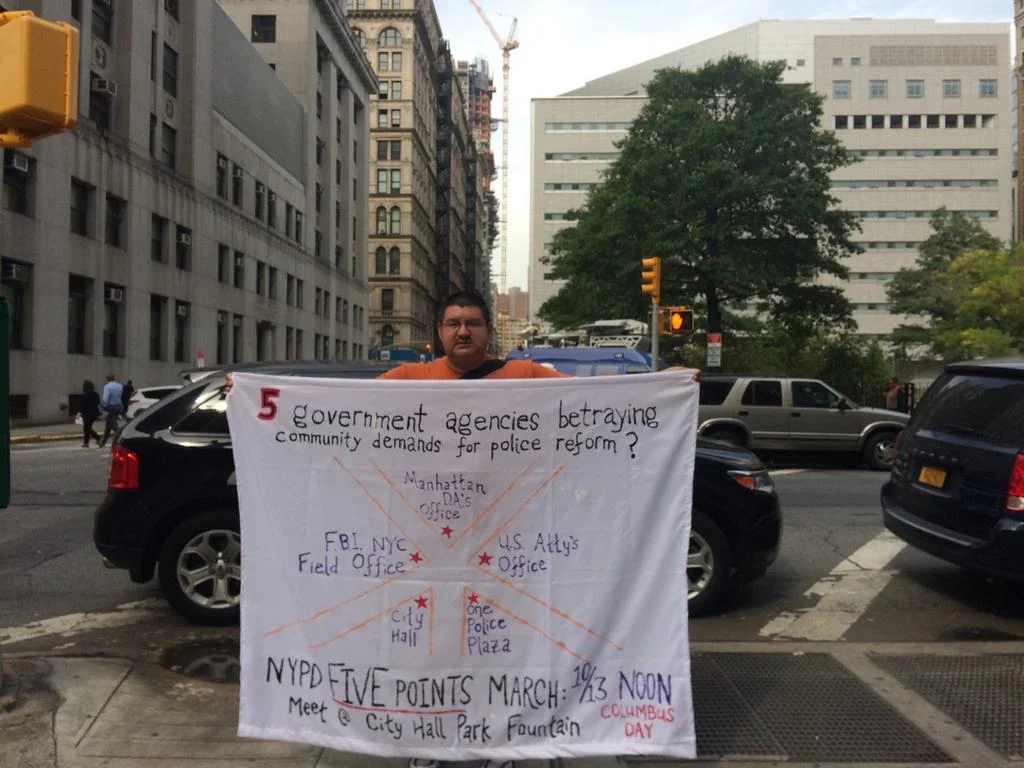 On Columbus Day, police reform activists plan to march from City Hall, to One Police Plaza, to the U.S. Attorney's Office, to the Manhattan D.A.'s Office, to the New York City Field Office of the F.B.I., demanding a new commission to investigate police corruption. Source : Suzannah B. Troy