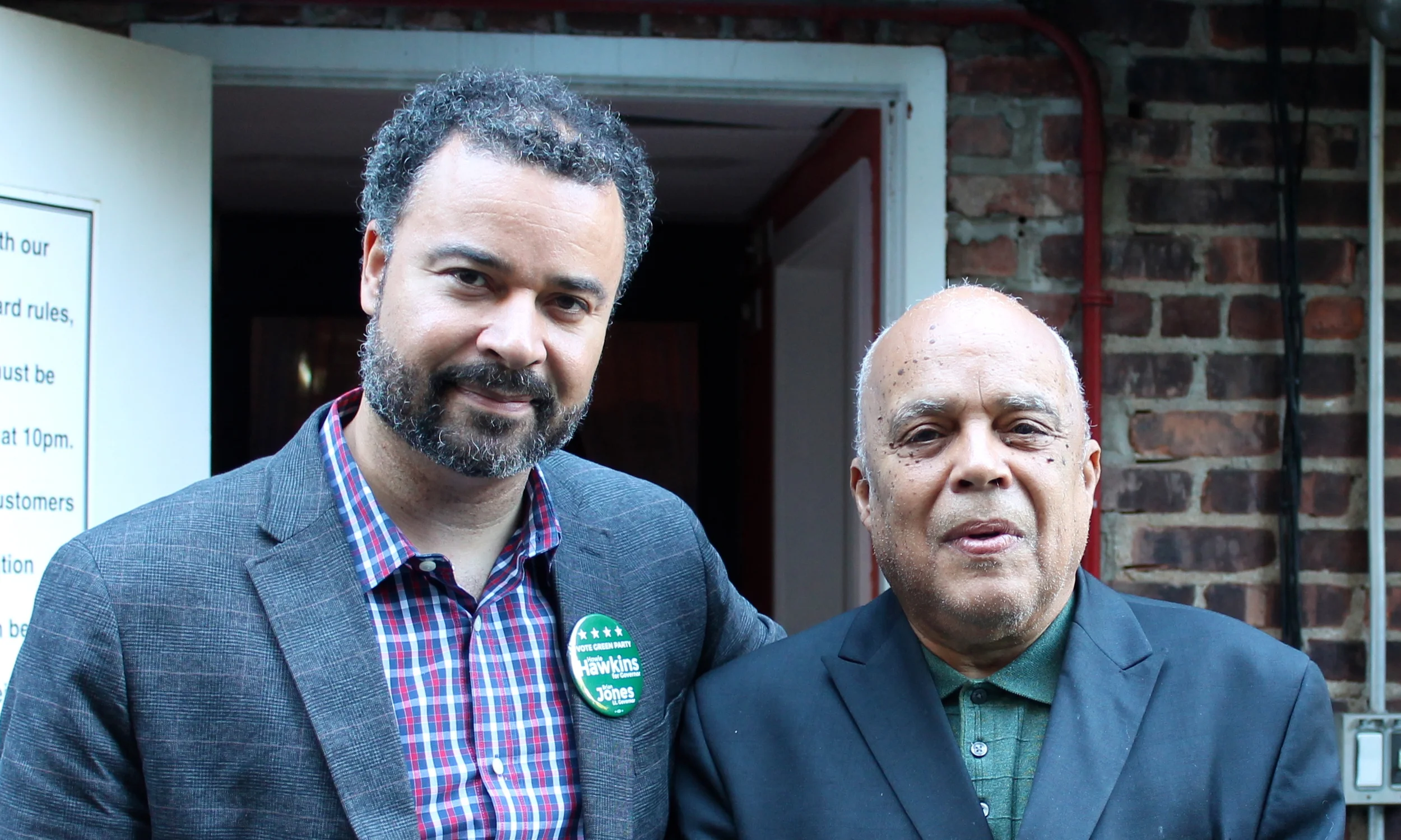 Green Party candidates Brian Jones , left, and Ramon Jimenez , right. Mr. Jones is campaigning for Lieutenant Governor, and Mr. Jimenez is campaigning for Attorney General. Both men appeared at a meet and greet with voters at Flynn's Garden Inn in Woodside, Queens. Source : Louis Flores