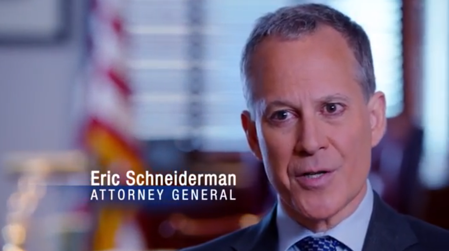 New York State Attorney General Eric Schneiderman in a controversial campaign commercial, where he takes credit for cracking down on political and campaign corruption in New York State. However, it has been widely reported that federal prosecutors have been taking the lead on prosecuting corruption from New York City Hall to Albany and beyond. In the commercial, A.G. Schneiderman also boasts of his record of standing up to Wall Street, but A.G. Schneiderman has never indicted any Wall Street executive. Are A.G. Schneiderman's close relationships with lobbyists to blame for the lack of state prosecutions of political corruption and Wall Street executives ? Source : Eric Schneiderman/YouTube Screen Shot