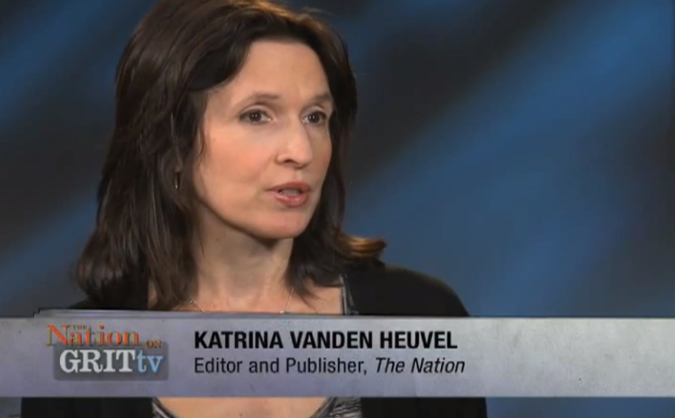 Katrina vanden Heuvel seen here in a 2011 interview available on YouTube. Ms. vanden Heuvel, the publisher of The Nation magazine, donated over $100,000 to a campaign committee account of the Working Families Party to support Mayor Bill de Blasio 's efforts to form a new Democratic Party majority in the New York State Senate. Source : Grit TV/The Nation/YouTube Screen Shot