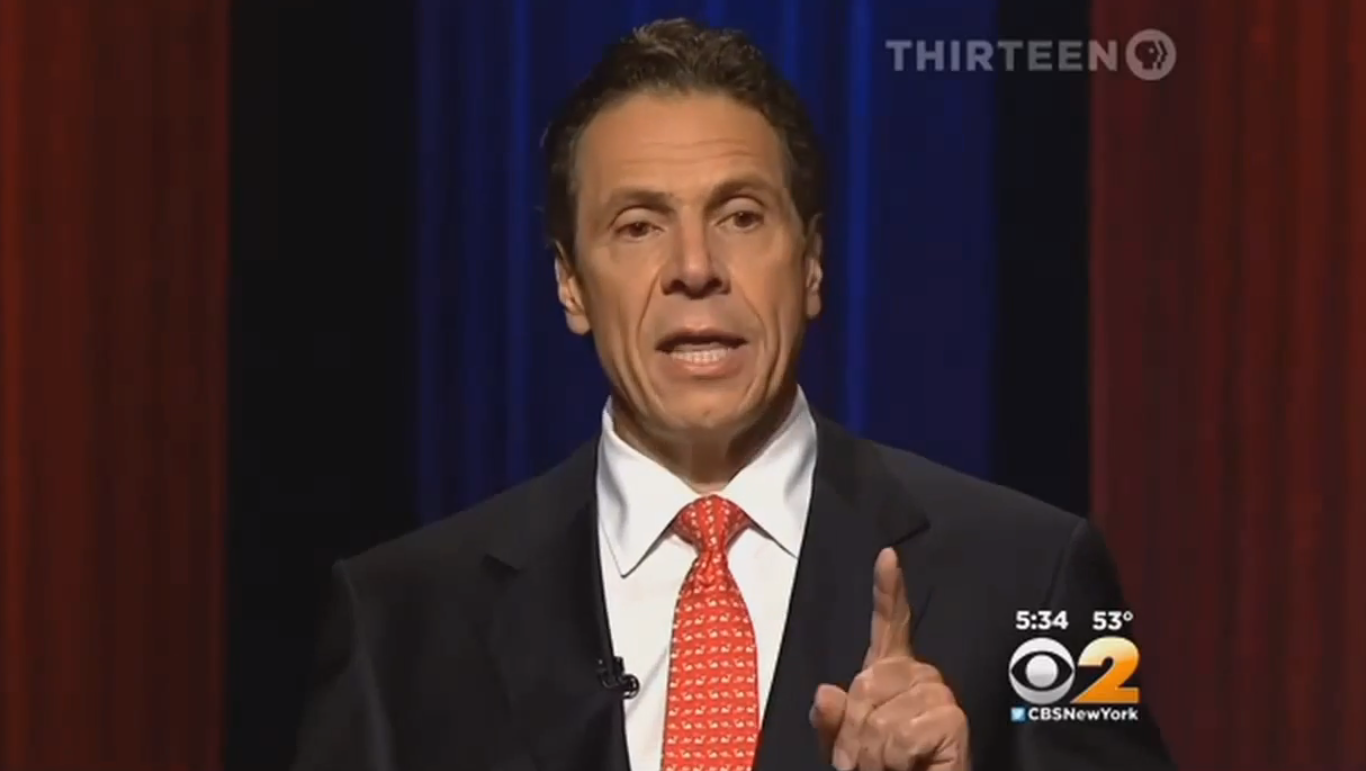 Gov. Andrew Cuomo (D-NY) speaking at last week's gubernatorial debate. Gov. Cuomo refused to address that evening then two issues raised by County Executive Rob Astorino (R-Westchester), and his Press Office refused to speak to those issues when given an opportunity today by Progress Queens. Source : WNET 13/CBS2 News/YouTube Screen Shot 