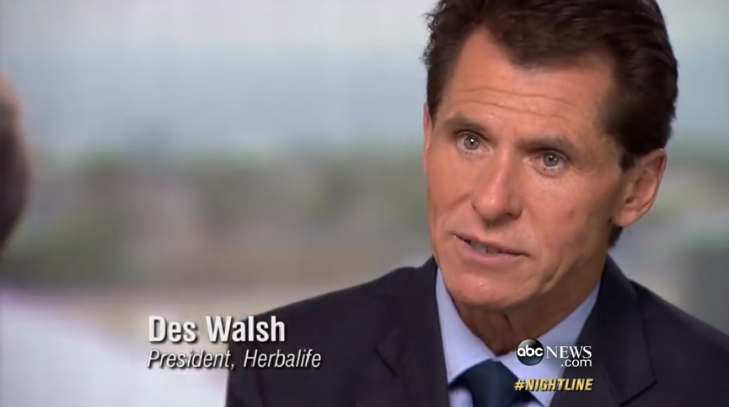 Des Walsh is President of Herbalife. Representatives of Herbalife promised to respond to a request by Progress Queens for an interview, but no response was ever made. Source : ABC News/YouTube Screen Shot 