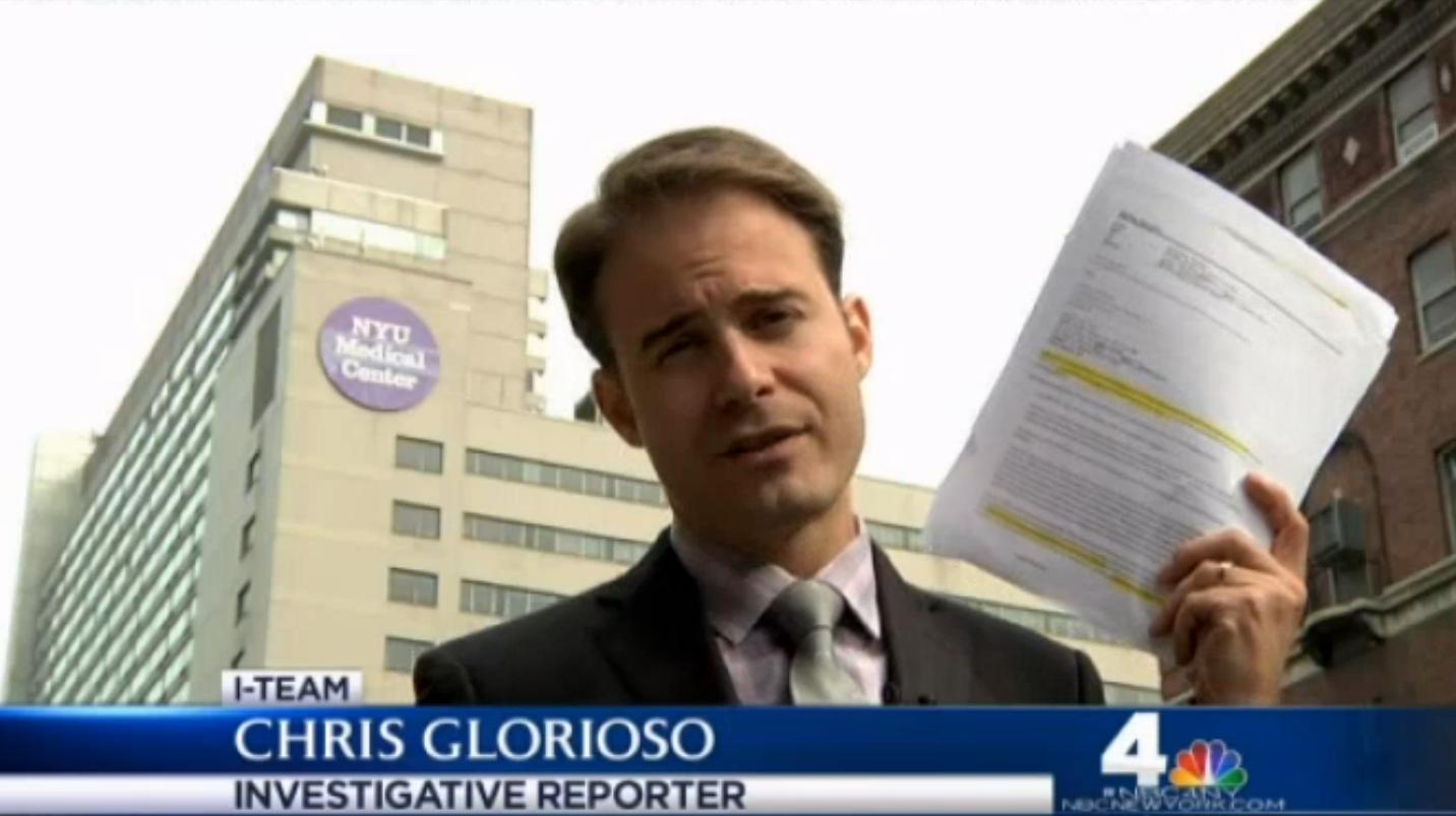Chris Glorioso , the courageous investigative journalist from WNBC Channel 4 News , who just days ago broadcast a powerful report about languishing federal Hurricane Sandy financial assistance for Bellevue Hospital . Mr. Glorioso's report showed that NYU Langone Medical Center had flood insurance and benefits from a powerful network of wealthy benefactors, in sharp contrast to the financial deficits faced by Bellevue. Source : WNBC Screen Shot