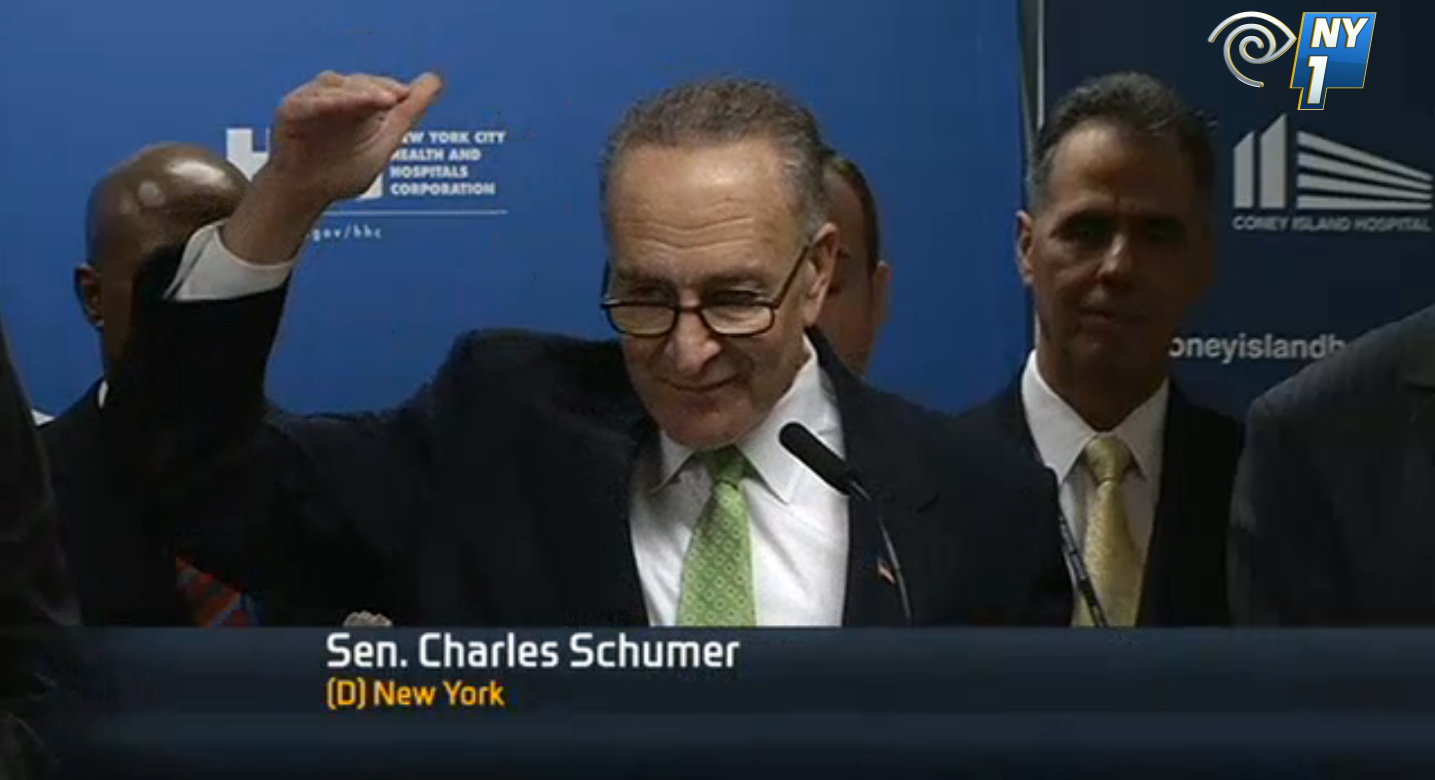 Days after he was criticised in a powerful WNBC Channel 4 News report for having rushed $1.2 billion in federal Hurricane Sandy financial assistance to NYU Langone Medical Center, Sen. Charles Schumer (D-NY) announced an aid package of $1.2 billion to four of New York City's public hospitals. Source : NY1 Screen Shot