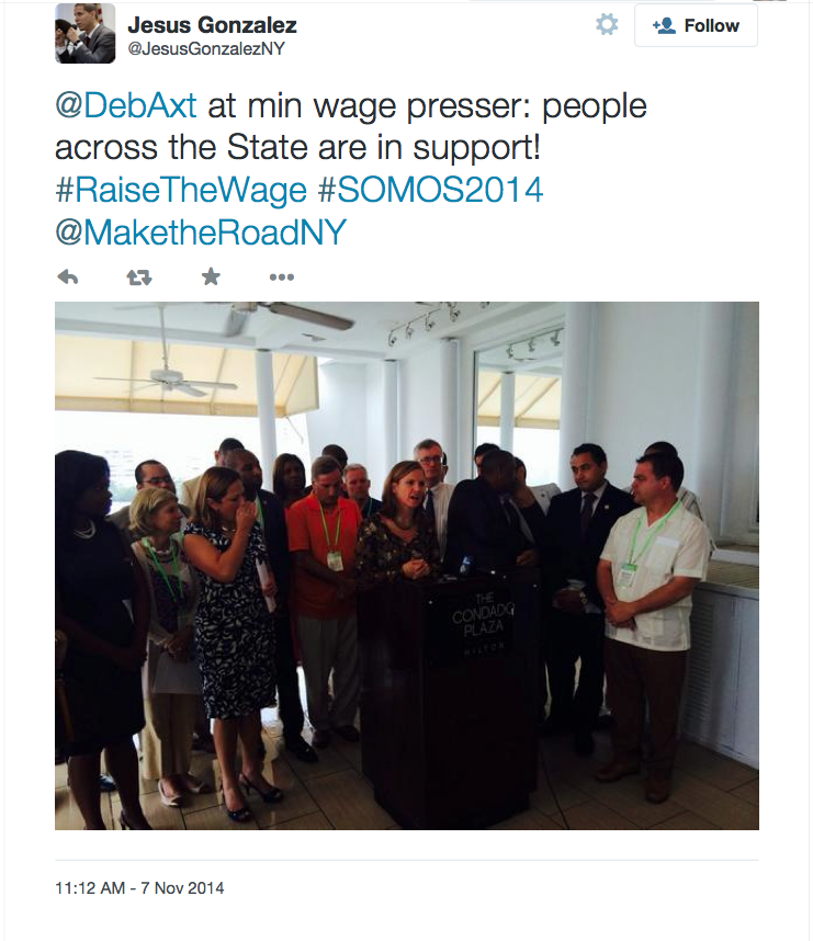 One of the events held during the SOMOS 2014 fall conference was a press conference about raising the minimum wage. Latinos, who work on the sales force for Herbalife, have complained that they do not make back the thousands of dollars they invest to buy into the business opportunity to sell Herbalife's nutritional products. Source : Jesus Gonzalez/Twitter Screen Shot 