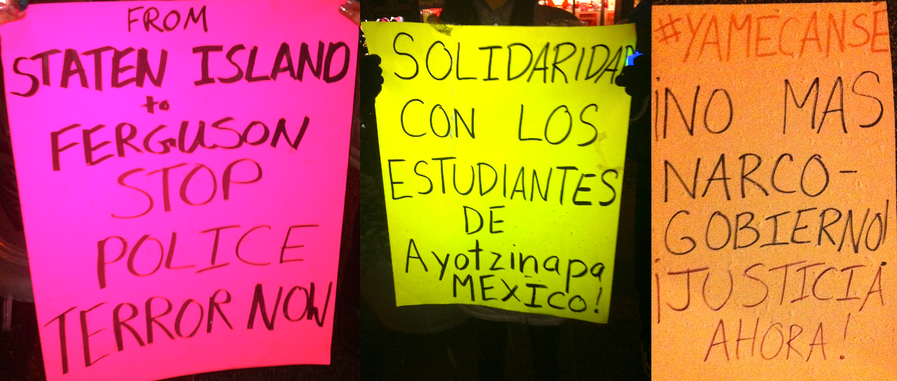 A collage of protest signs at Wednesday night's vigil in Corona. Queens residents and police reform activists joined in solidarity to denounce brutality and homicides committed by police from mexico to the United States. Source : Louis Flores