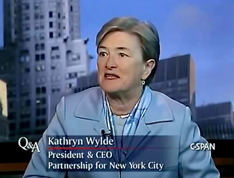 Kathryn Wylde , the president of The Partnership for New York City in a 2011 interview with C-SPAN. Ms. Wylde represents some of the top business leaders and their companies in government and regulatory issues. According to a report in The New York Post , Ms. Wylde is discussing ways that the business community can address lingering tensions between City Hall and the New York Police Department. Through a spokesperson, Ms. Wylde denies the report. Source : C-SPAN/YouTube Screen Shot
