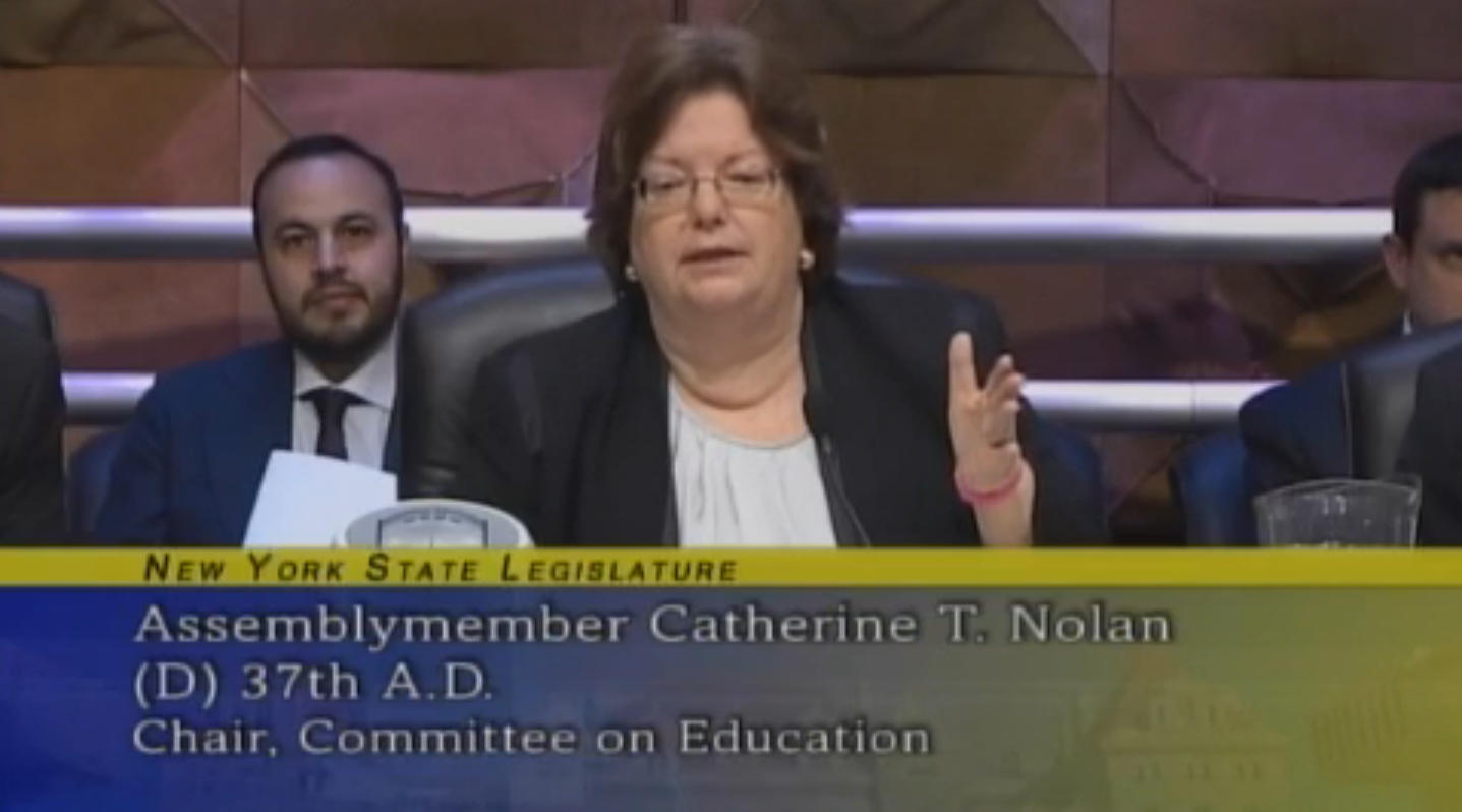 Assemblymember Catherine Nolan , seen here during an education budget hearing on January 28, 2014, conceded the race for Assembly speaker to Assemblymember Carl Heastie . Source : New York State Assembly/Screen Shot