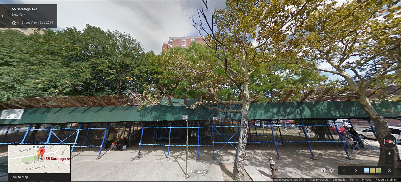 55 Saratoga Avenue, seen here in September 2014, with a scaffolding erected along the front of the building. NYCHA reportedly sold Saratoga Square, because it could not afford to maintain the buildings, with one elected official claiming that the buildings would become unlivable in 10 to 15 years. NYCHA officials would not answer questions about how much money the agency had spent to spruce up the buildings in the time leading up to their sale. Source : Google Street View