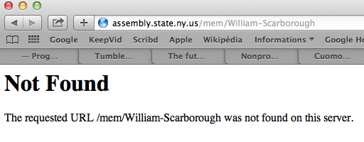 The landing page for Assemblymember William Scarborough on the New York State Assembly 's Web site had been removed as of Thursday afternoon. Source : New York State Assembly