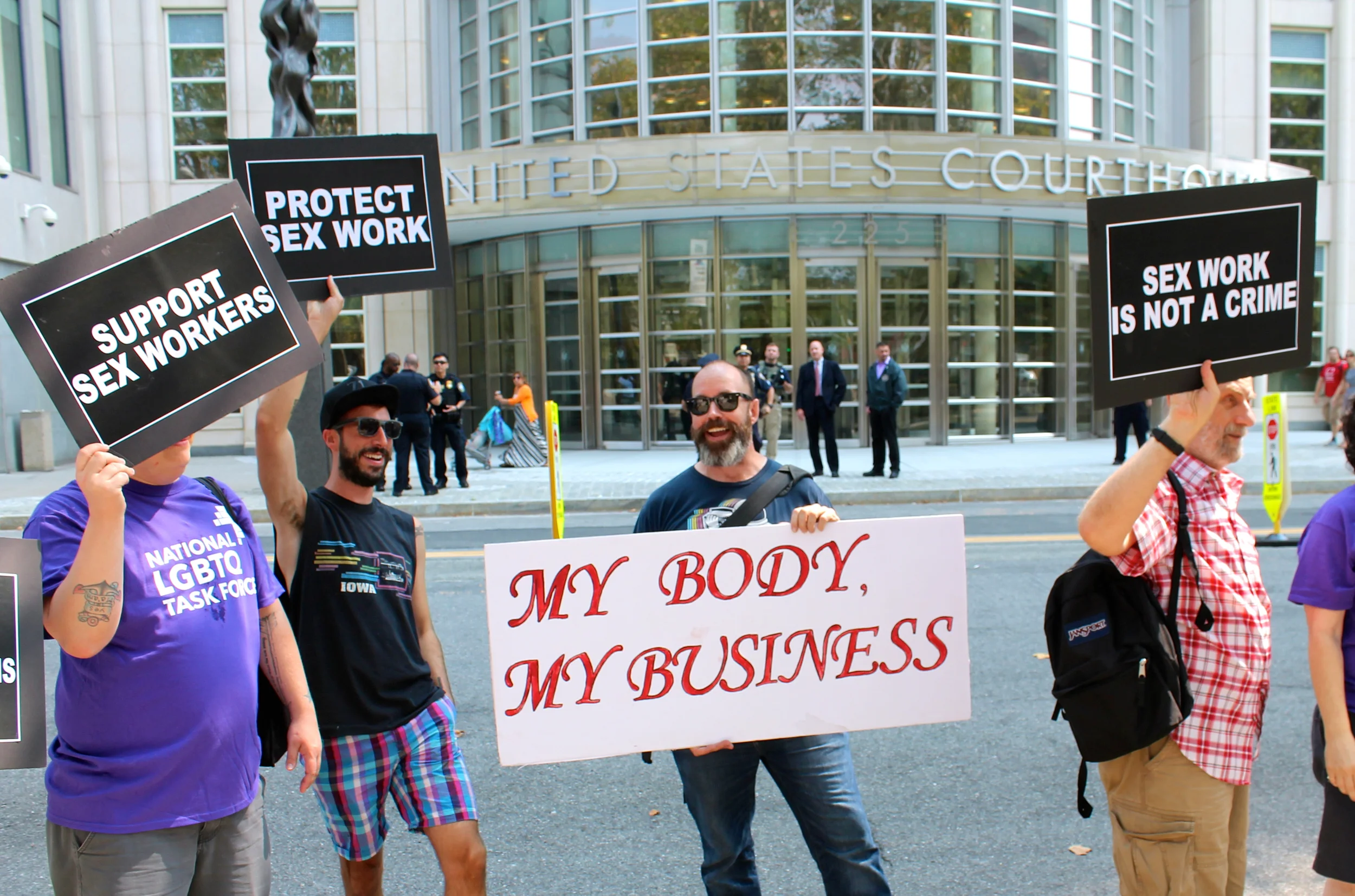 Activists outside the Brooklyn Federal courthouse oppose the criminalization of sex work, and the activists see the Federal government's case against Rentboy.com as an example of the kind of discrimination and prosecution of sex work that more and more human rights groups, like Amnesty International , oppose. SOURCE : Louis Flores/Progress Queens