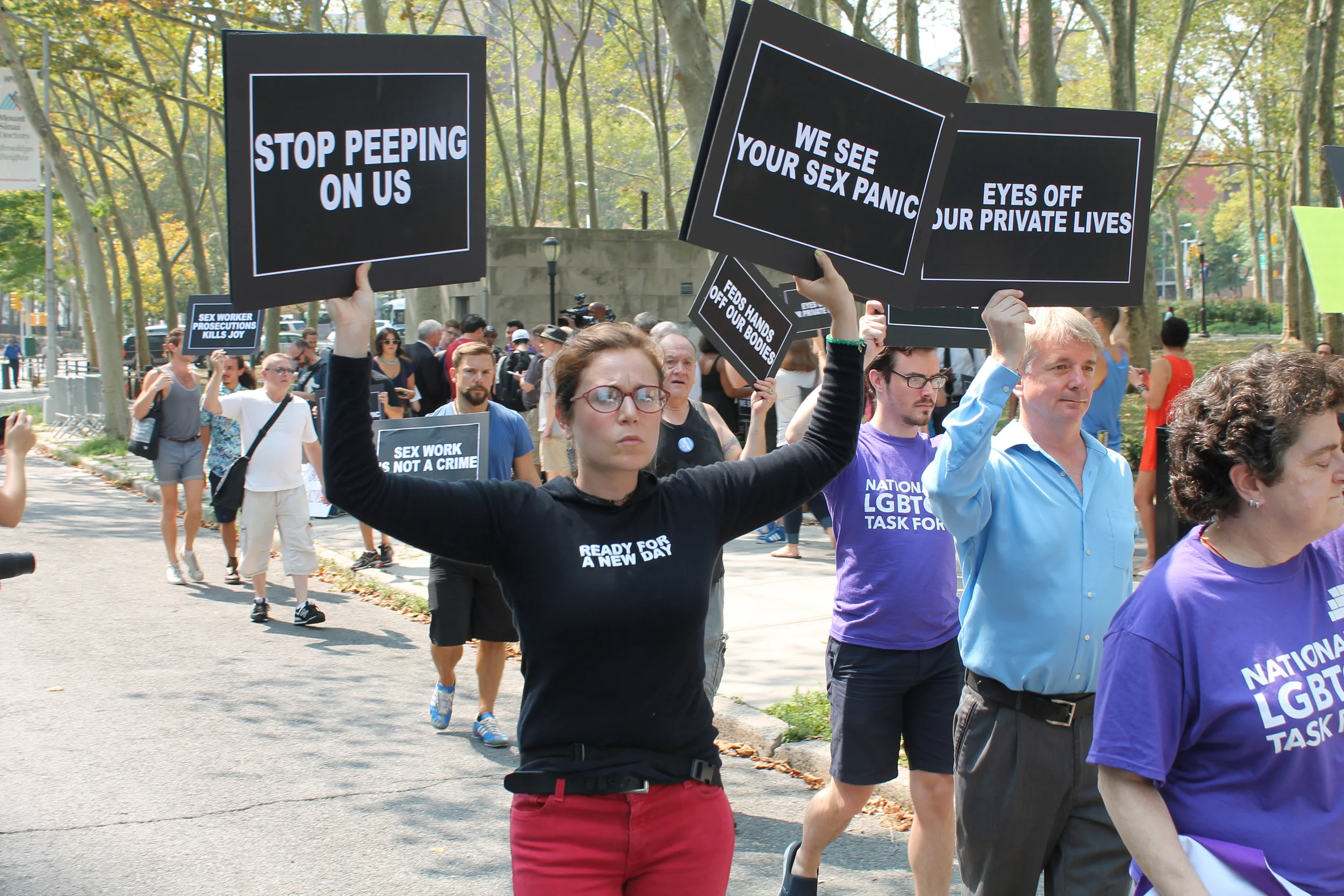 Ever since whistleblower Edward Snowden confirmed that the U.S. Federal government was looking at our " dick pics ," activists have been pushing back against the government's intrusion into the sex lives of consenting adults. There were hints to that messaging in some of the protest signs carried by activists at Thursday's rally in Brooklyn. Source : Louis Flores/Progress Queens 