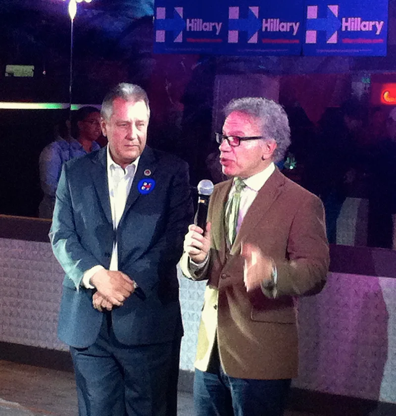 New York City Councilmembers Daniel Dromm, left, and James Vacca at Club Evolution on Wednesday evening. Councilmember Vacca announced that he would be attending the Democratic National Convention as a delgate, adding that, "I'm voting for Hillary." Source : Louis Flores