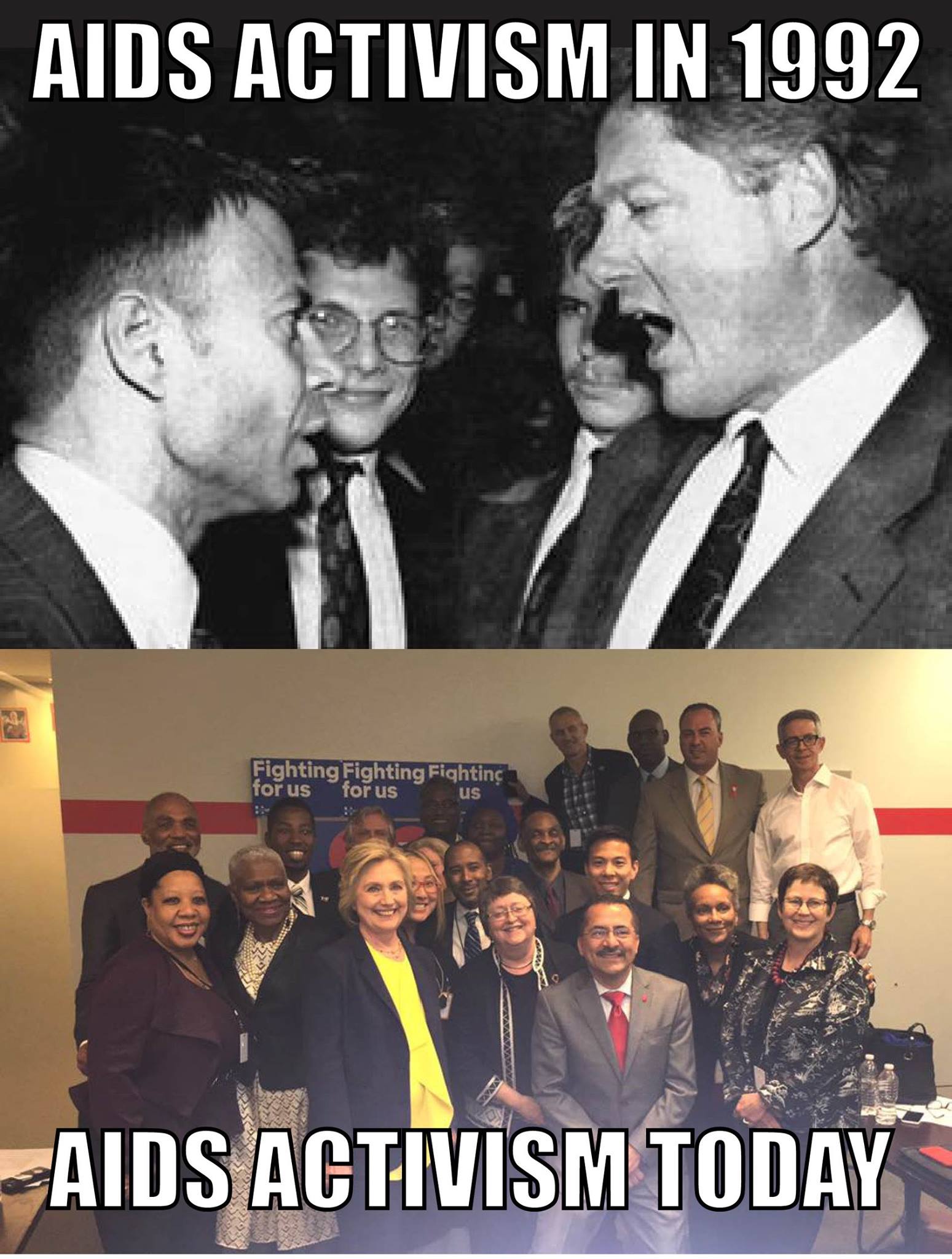 The controversial meme posted on the Facebook page of ACT UP NY , mocking the kid glove treatment given to former First Lady Hillary Rodham Clinton during her closed-door meeting with AIDS activists. The creator of the meme was expressing satire by contrasting the group's past confrontational style with powerholders with more recent efforts to act as proverbial "Democratic hacks" for former First Lady Clinton. Clinton campaign supporter Peter Staley is in the upper right hand corner of the lower photograph. Source : ACT UP NY/Facebook (Fair Use)