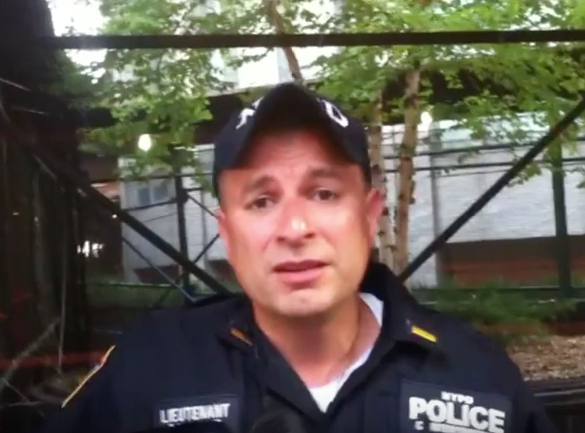 During the 31 May 2016 protest against former First Lady Hillary Rodham Clinton , Lt. Catechis from the NYPD's Counterterrorism unit pushed the publisher of Progress Queens. Source : Louis Flores/Progress Queens/YouTube/Screen Shot