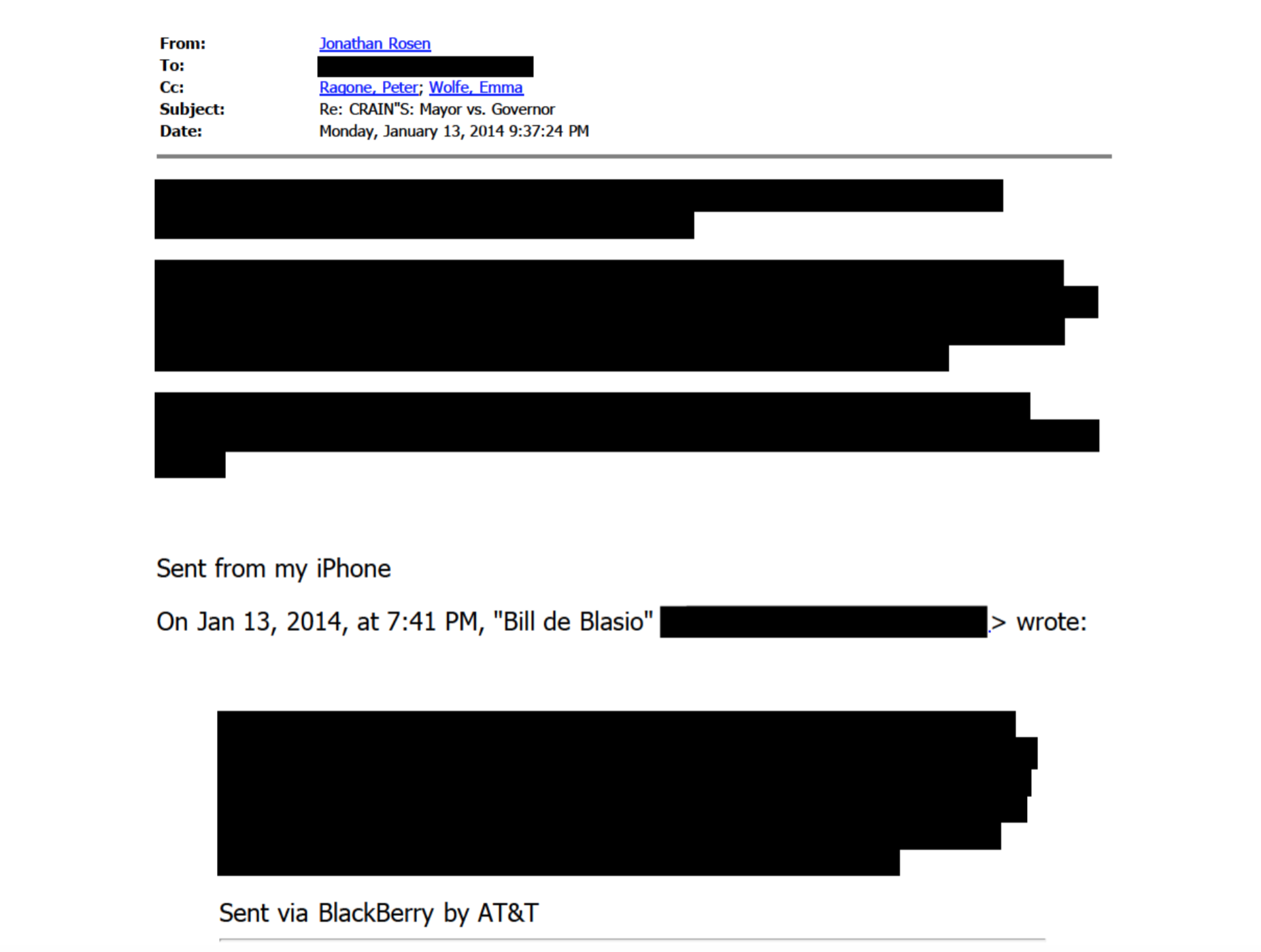 A screenshot of one example of the heavy use of redactions applied to some of the e-mails released by City Hall on Thanksgiving Eve. Source : NY1/FOIL Records/City of New York