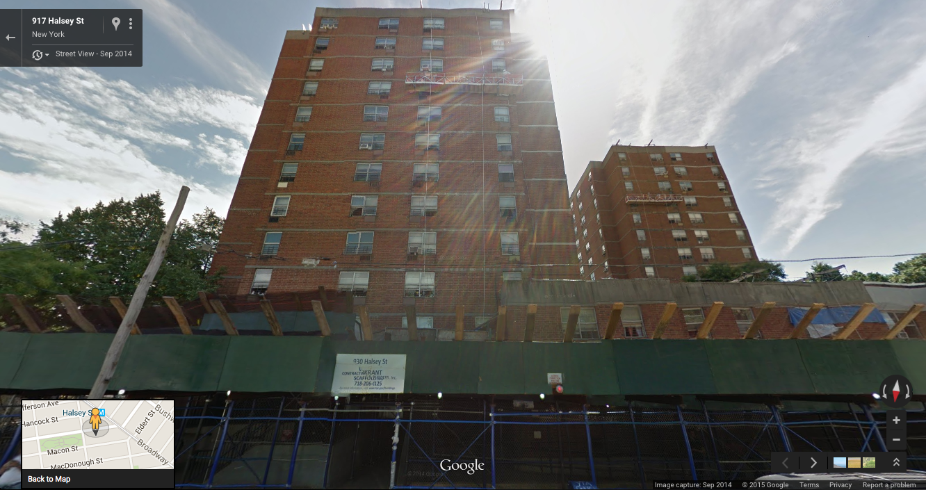 930 HALSEY STREET , A PROJECT-BASED, SECTION 8 BUILDING FORMERLY OWNED BY THE NEW YORK CITY HOUSING AUTHORITY IN BEDFORD-STUYVESANT, BROOKLYN, RECEIVED MAJOR IMPROVEMENTS IN THE TIME BEFORE THE BUILDING WAS SOLD TO A CONSORTIUM OF PRIVATE REAL ESTATE DEVELOPERS. THE ABOVE PHOTOGRAPH IS DATED SEPTEMBER 2014, THREE MONTHS BEFORE THE STRUCTURED FINANCE TRANSACTION CLOSED, DEMONSTRATING THAT SOME OF THE BUILDINGS SOLD MAY NOT HAVE BEEN AS DILAPIDATED AS NYCHA CLAIMED. THE SALE OF THE PORTFOLIO OF BUILDINGS WAS TRANSACTED WITHOUT PUBLIC INPUT. AN ACCUSATION HAS BEEN MADE THAT THE DE BLASIO ADMINISTRATION WAS INVOLVED IN THE SALE. DEVELOPERS, WHO BOUGHT INTO THE PORTFOLIO OF BUILDINGS, ARE POLITICALLY-CONNECTED SUPPORTERS OF MAYOR DE BLASIO. SOURCE : GOOGLE STREET VIEW