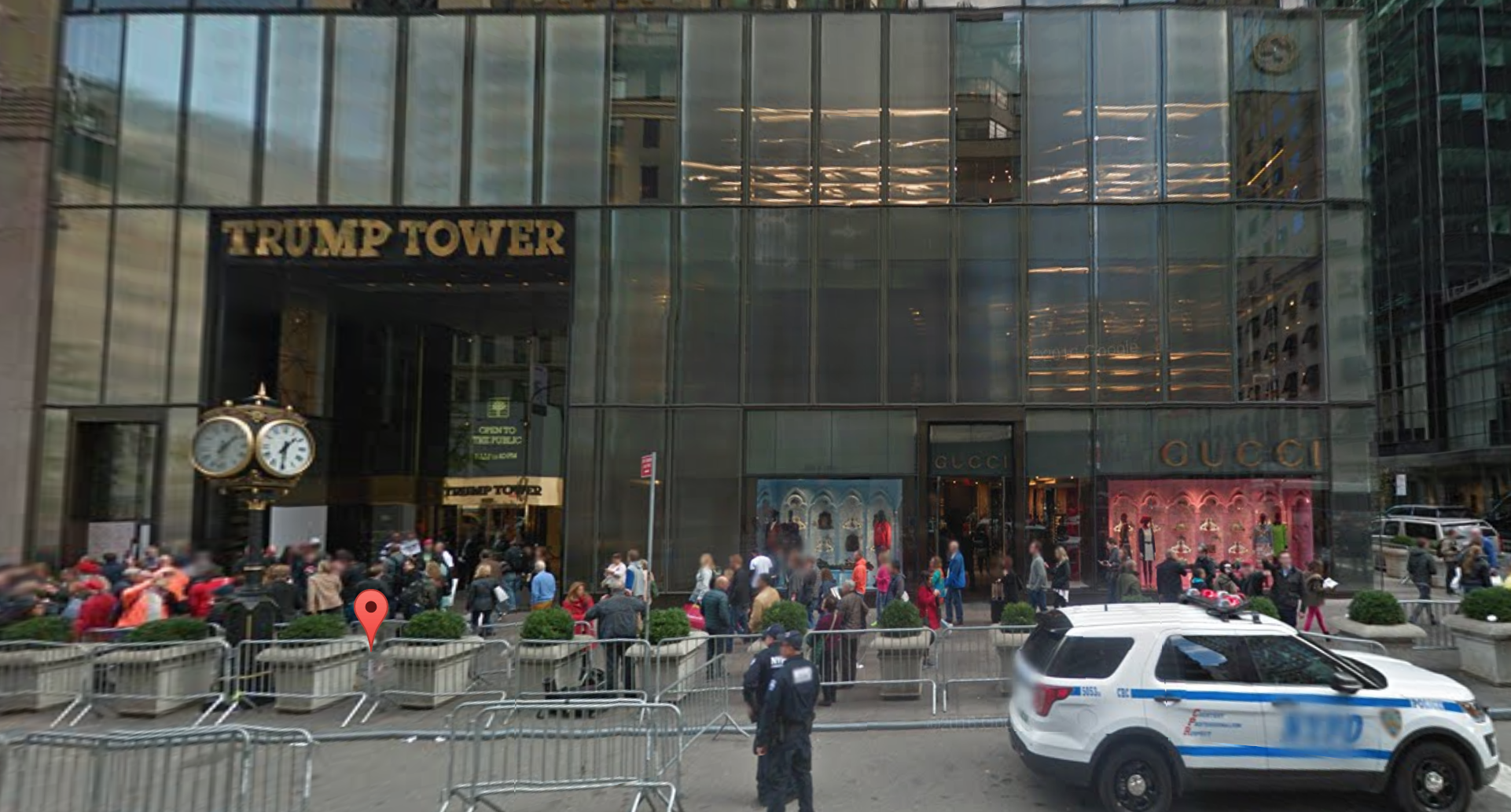 Trump Tower , captured in digital imagery taken in November 2016. Several law enforcement agencies must coördinate in partnership to provide security to President-elect Donald Trump . Source : Google Street View