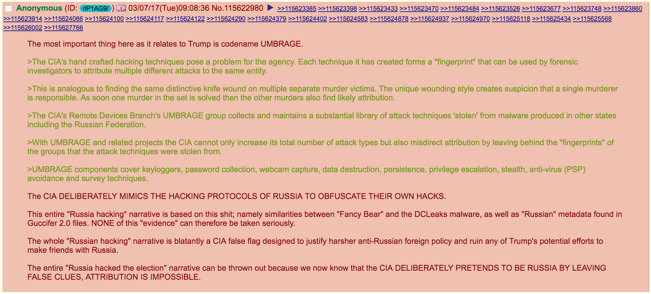 When one contributor to the /pol/ community bulletin board of the Web site, 4chan, alleged that the alleged Russian hacks that took place in the time leading up to the 2016 U.S. presidential election were a "CIA false flag," a sidebar discussion was triggered. Source : 4chan/Fair Use