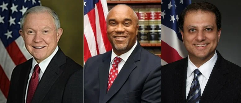 Jefferson Session , left, was confirmed as U.S. Attorney General over mass objections, including objections made by over 1,200 law school professors , who invoked reports of Mr. Sessions' prejudice against civil rights laws that were enacted to, amongst other things, fight discrimination in voting rights. Amongst the U.S. Attorneys dismissed by Attorney General Sessions were Robert Capers , center, who had filed an application to join a lawsuit over allegations of violations in voting rights during the 2016 Democratic presidential primary in New York State, and Preet Bharara , right, who was reportedly being asked to investigation aspects of the Trump presidential campaign or the private business interests of President Donald Trump . After the departure of former U.S. Attorney General Loretta Lynch , U.S. Attorneys Capers and Bharara were amongst the highest-ranking minorities within the U.S. Department of Justice . Sources : U.S. Department of Justice/Official Photographs/Public Domain