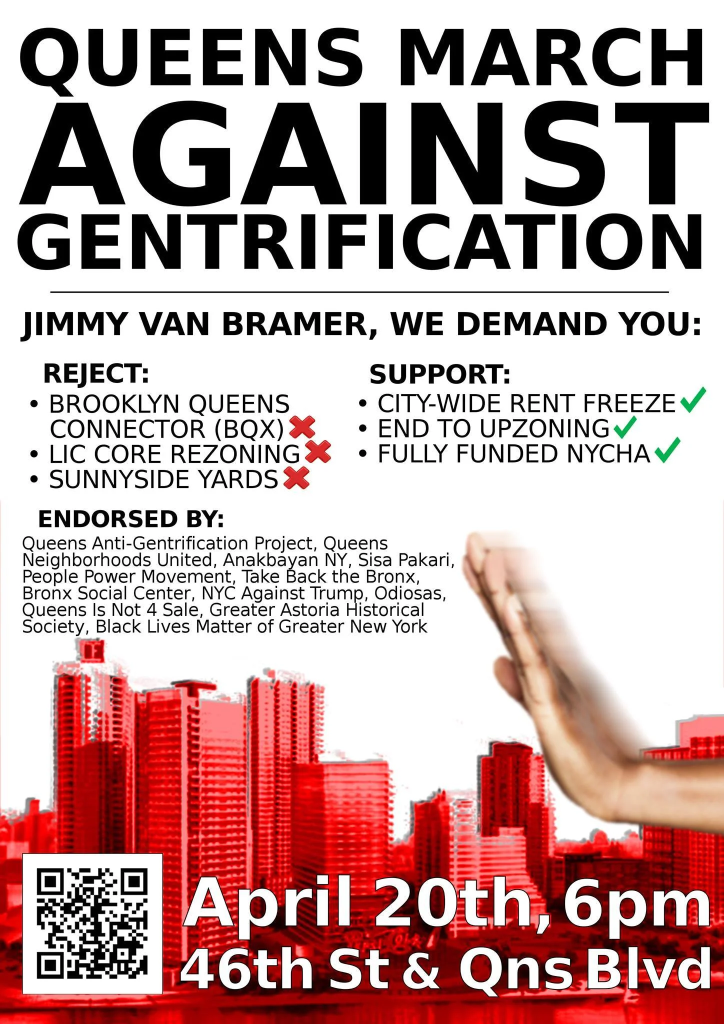 An advertisement for next week's protest march being organised by grassroots activists. Source : Queens Anti-Gentrification Project/Fair Use