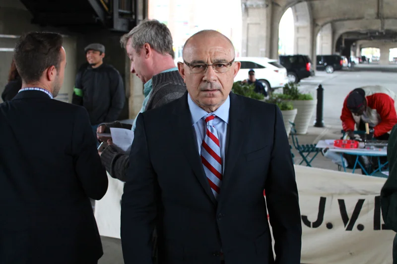 The protest in Sunnyside attracted Sal Albanese , a candidate for the Democratic Party's nomination for the 2017 New York City mayoral race. Mr. Albanese, a former New York City Councilmember, said that one root cause of the pro-development policies that activists objected to was the role of money in politics . Mr. Albanese was present for part of the demonstration on Thursday to increase visibility for his campaign promise to decrease the role of money in politics. Source : Louis Flores/Progress Queens