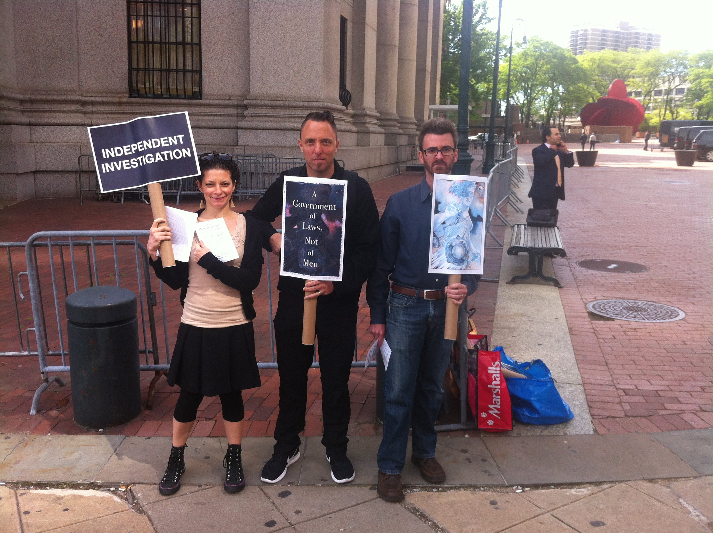 16 May 2017 : Some members of the group Indivisible demonstrated outside the U. S. Court of Appeals for the Second Circuit in Manhattan's Civic Center. The demonstrators, who were near the U.S. Attorney's Office for New York's southern district, were promoting the upcoming 3 June 2017 #MarchForTruth . A coälition of groups organising the march and march participants are calling for an independent investigation into allegations of each of Russian interference with the 2016 presidential election and Russian ties to President Donald Trump, his administration, and his associates. The U.S. Department of Justice , in conjunction with the Federal Bureau of Investigation, are conducting such an investigation, but that investigation has exposed conflicts of interests for senior Trump administration officials, including U.S. Attorney General Jefferson Sessions III . News reports have also raised questions about actions taken by President Trump to allegedly thwart the Federal investigation, such as removing from office FBI Director James Comey, Jr. , and former U.S. Attorney Preet Bharara ., who may have asserted independence in the Federal investigation. Other national groups supporting or endorsing the march include Rock The Vote, MoveOn.org, and OurStates.org. Source : Louis Flores/Progress Queens