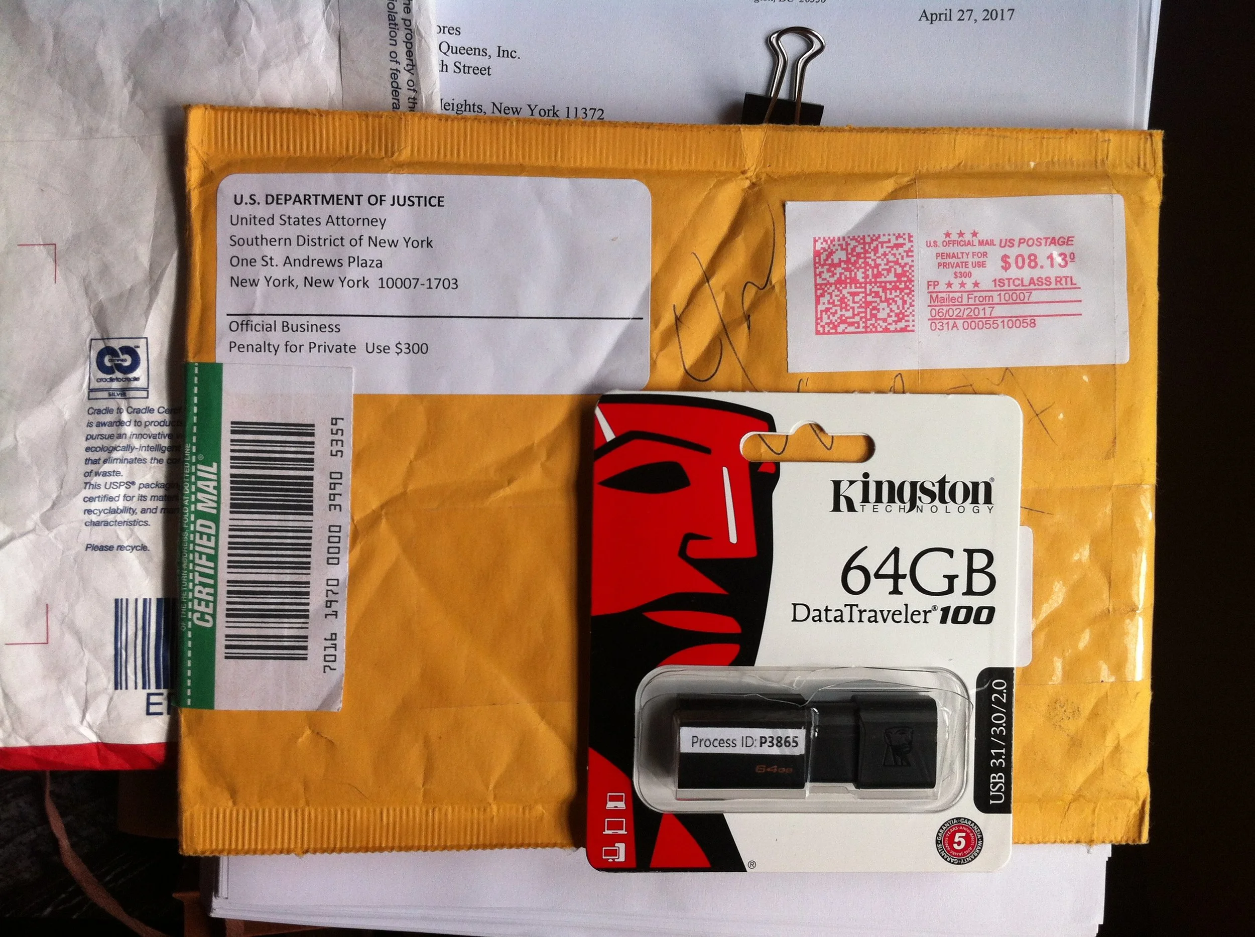 Shortly after the DOJ produced the CD-ROM, the top Federal law enforcement agency produced a thumb drive to Progress Queens as a duplicate medium. Assistant U.S. Attorney Rebecca Tinio represented to Progress Queens that the thumb drive was a duplicate of the CD-ROM. However, a preliminary review of the thumb drive revealed that 398 files comprising 225,6 MB were stored on the thumb drive. An index of the files on the thumb drive were posted to GitHub, and the contents of the thumb drive were posted on Google Drive. Source : Louis Flores/Progress Queens