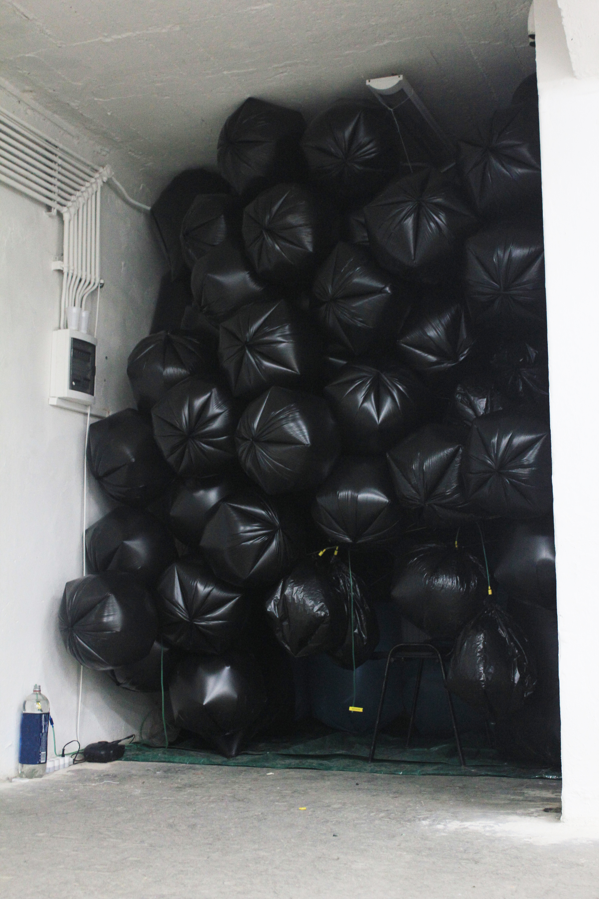 TRASH BAGs INSTALLATION II (2012) air pump, network of air tubes, trashbags. 350X350X400 cm