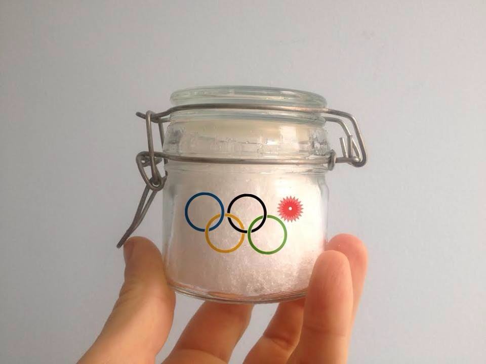Golden Snow of Sochi (2014) glass jar, authentic Olympic Snow from Sochi Winter Olympics, 100gr / edition of 98