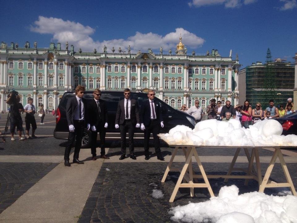 COLD PAINTING (2014) a performance commissioned by Manifesta 10, a snowball fight with 300kg of Olympic Snow from Sochi, in front of St. Petersburg’s Winter Palace