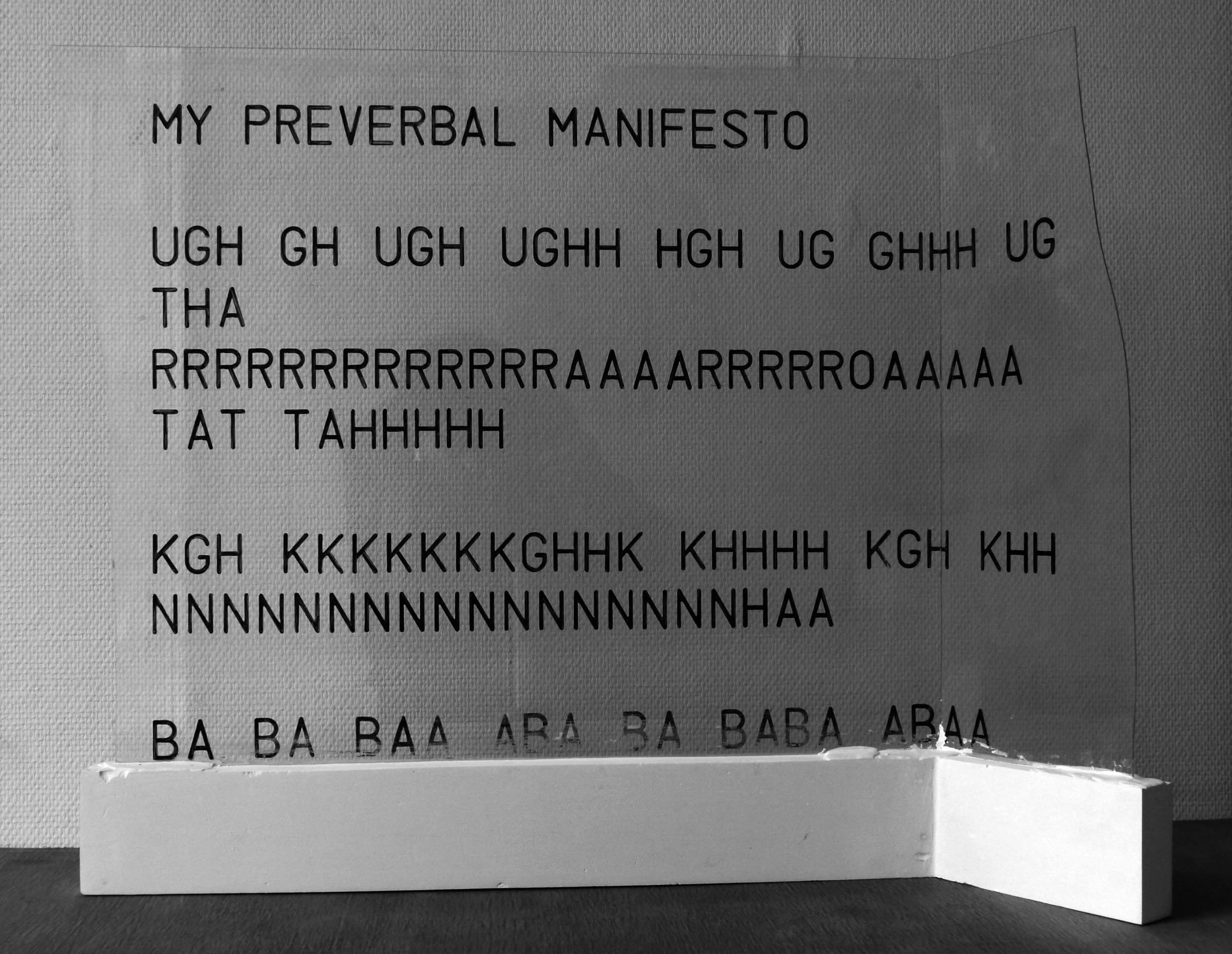 MY PREVERBAL MANIFESTO (2012)  permanent marker on glass and plaster, 80 x 65 x 18 cm