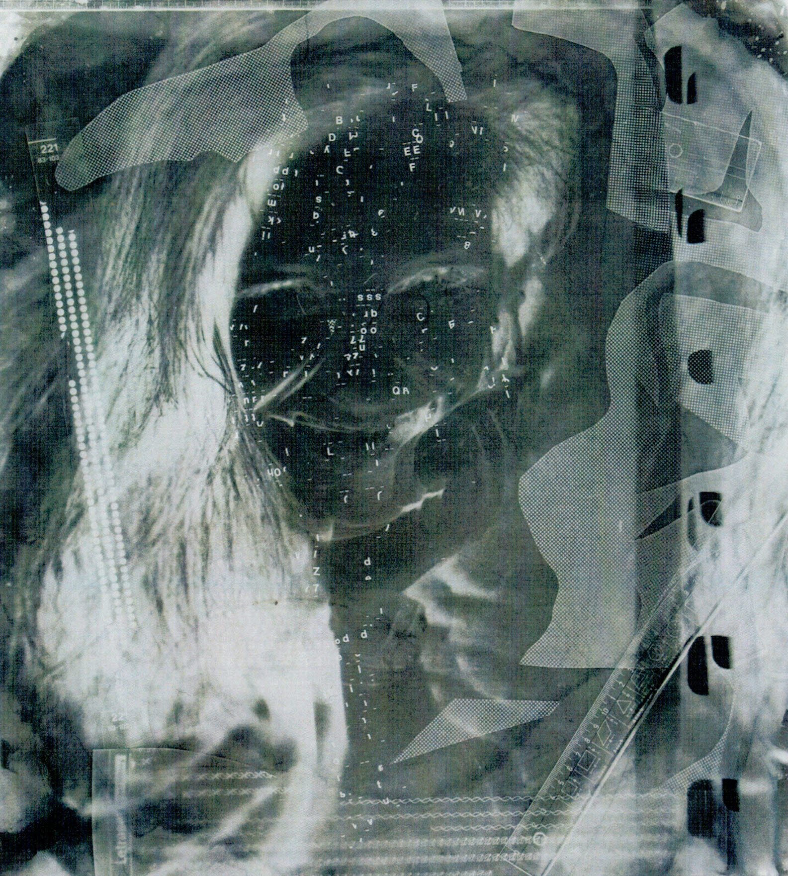 B. IN NEGATIVE (1989) black and white photograph, photogram, letraset