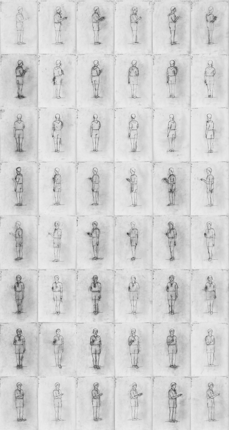 FOUR HUMAN FIGURES (2012) Series of 4 animations, 4 sec in loop, pencil on tracing paper, 48 drawings, A4 each, Exhibition view Image copyright: Salonul de Proiecte, Bucharest