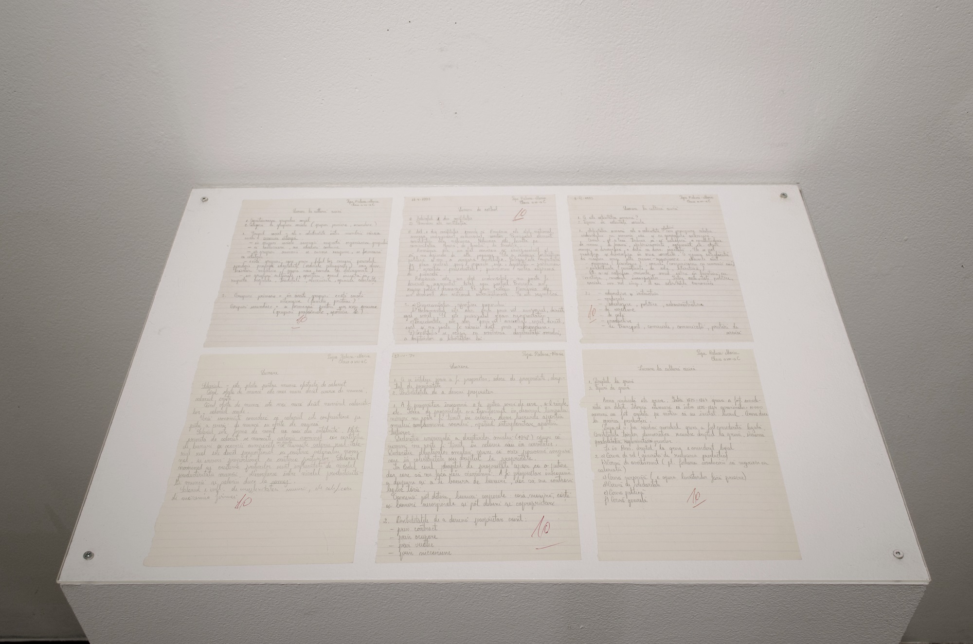 6 SCHOOL TEST PAPERS (Civic culture) (1993/2016) handwritten text on lined paper, approx. 21 x 14 cm each, Image copyright: Răzvan Anton