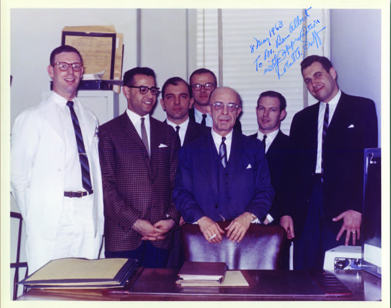   Dr. Albert, on left, in 1962 during the neurosurgery rotation of his internship, with classmates and Professor Robert A. Goff (center).  