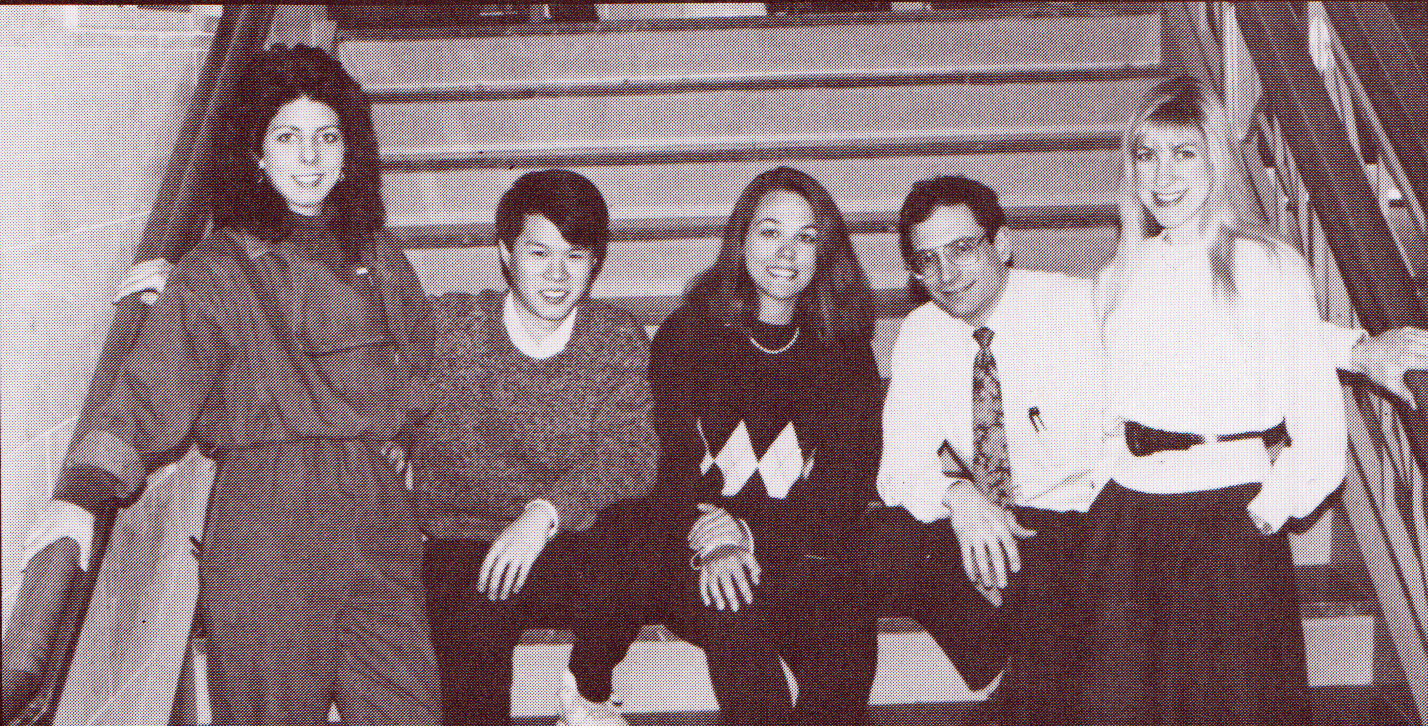Left to right, the Scope 1990 staff Abby (Selig) Hornstein , Colin Phoon, Michele Miano (editor-in-chief) , Mike Cirigliano (business manager), and Melissa (Missy) Cohen