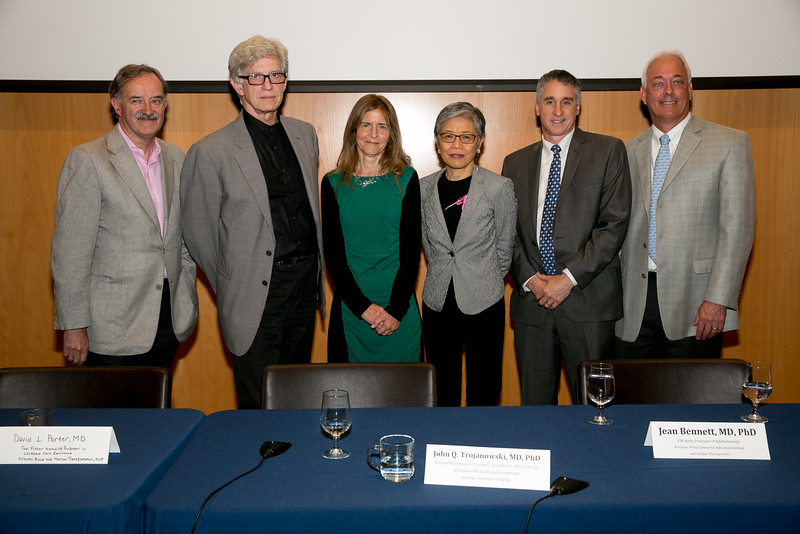   From left to right: Panelists Garret A. FitzGerald, MD, FRS, John Q. Trojanowski, MD, PhD, Jean Bennett, MD, PhD, Virginia M.Y. Lee, PhD , David L. Porter, MD, and Moderator Glen N. Gaulton, PhD 