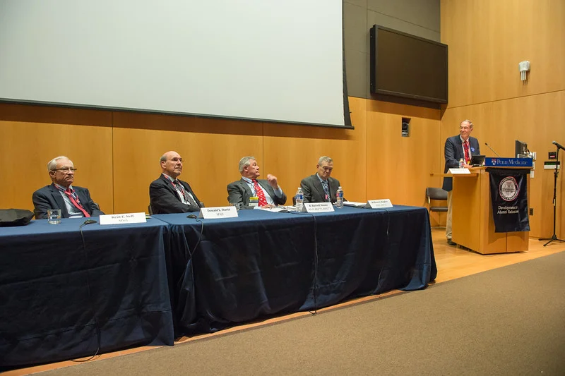 50th Reunion panelists, left to right, Kent E. Neff, M'65, Donald L. Sturtz, M’65, M’65, R. Barrett Noone, M’65, RES’71, and William S. Hughes, M’65, GM’71, and p anel moderator William W. Beck, Jr., M’65, INT’70 