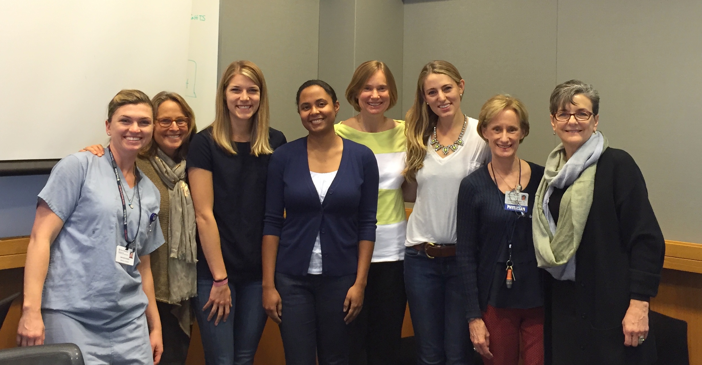 From left to right, FOCUS staff and physicians with current fellowship recipients: Natalie Stokes, M’16, Patricia Scott, Sarah Huepenbecker, M’16, Kyra Jefferson-George, M’16, Hillary Bogner, MD, MSCE, Maren Shapiro, M’16, Stephanie Abbuhl, MD, FACEP, and Lucy Tuton, PhD.