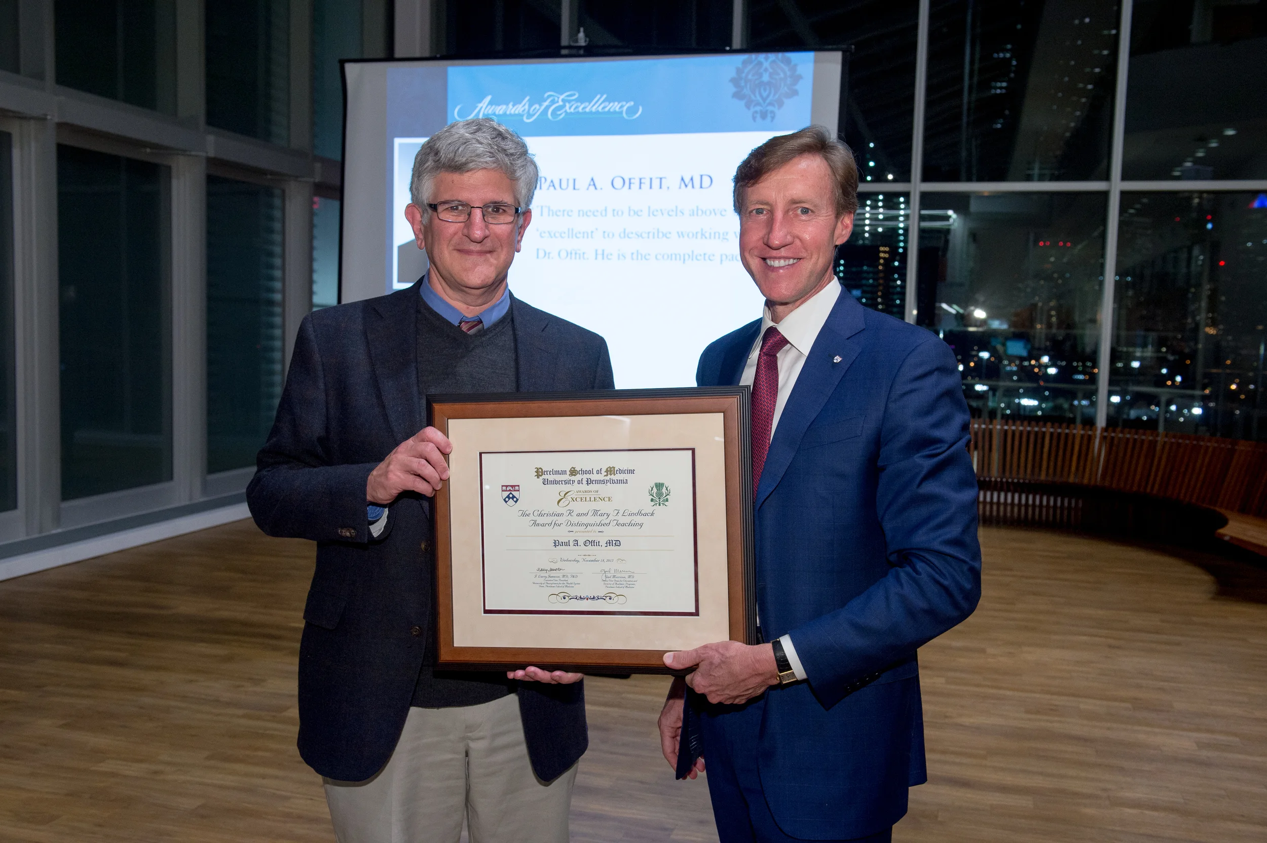 In addition to his American Academy of Arts and Sciences honor, Dr. Offit, seen with Dean Jameson, was a co-winner of the Christian R. and Mary F. Lindback Distinguished Teaching Award.