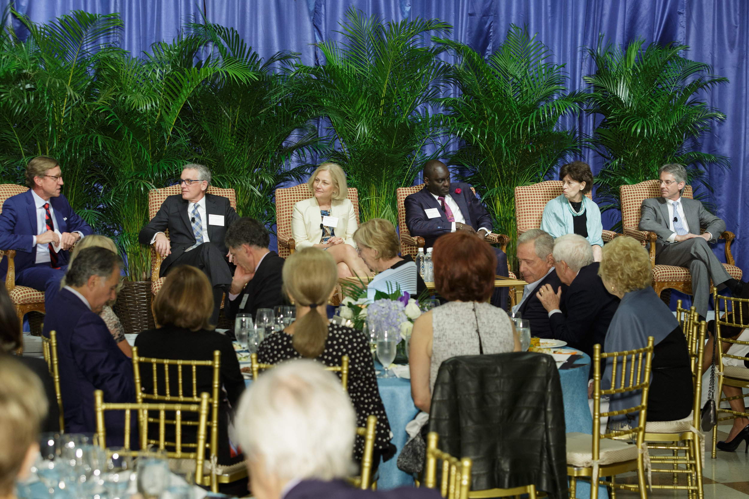 The Dean’s Dinner included topics on the future of patient care and how the new inpatient facility will compliment this work. Pictured from left to right, hosted by Dean Larry Jameson, MD, PhD, featured panelists were Bert W. O'Malley, MD; Francis E. Jensen, MD; Kojo Elenitoba-Johnson, MD; Lynn M. Schuchter, MD; and Jonathan A. Epstein, MD.