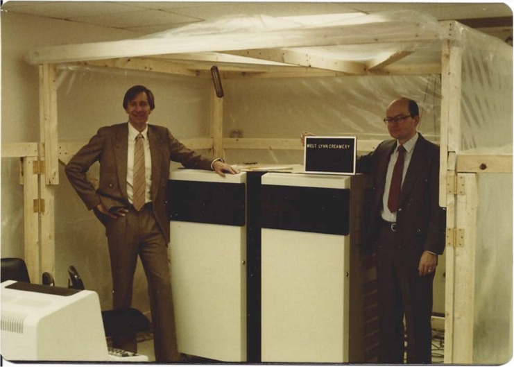 Bob and Bill with our first shipment. Gardner had just bonked his head on the burn-in oven!