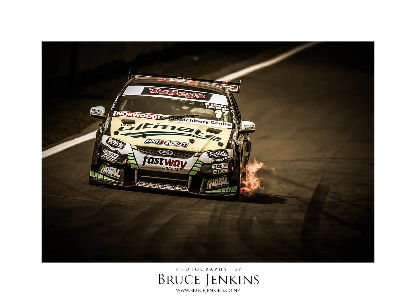 The JMR racing Falcoln breathing a bit fire down the start finish straight at the Taupo race track