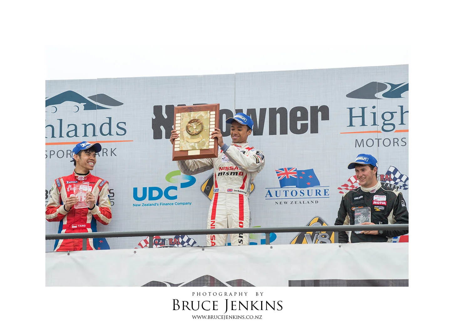 Jann Mardenborough, winner of the TRS feature race in his TRS car at Highlands Park, Cromwell in 2014, photo by Bruce Jenkins