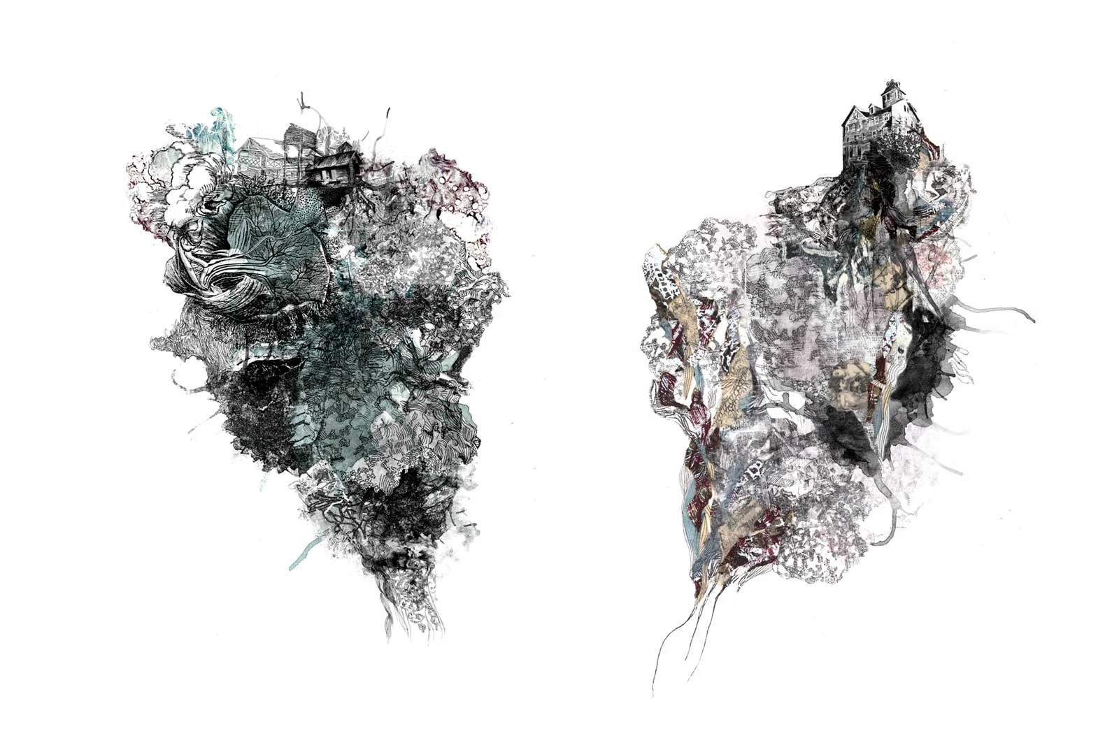  Fallstreak 1 + 2 |  Screenprint, monotype, ink collage on paper  |  11 x 14 in  